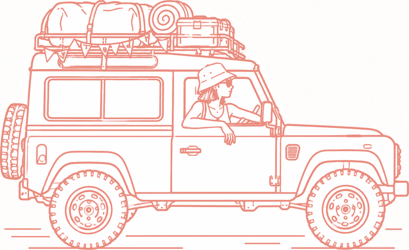 Illustration of a woman in a bucket hat driving a packed Land Rover along the road to a festival