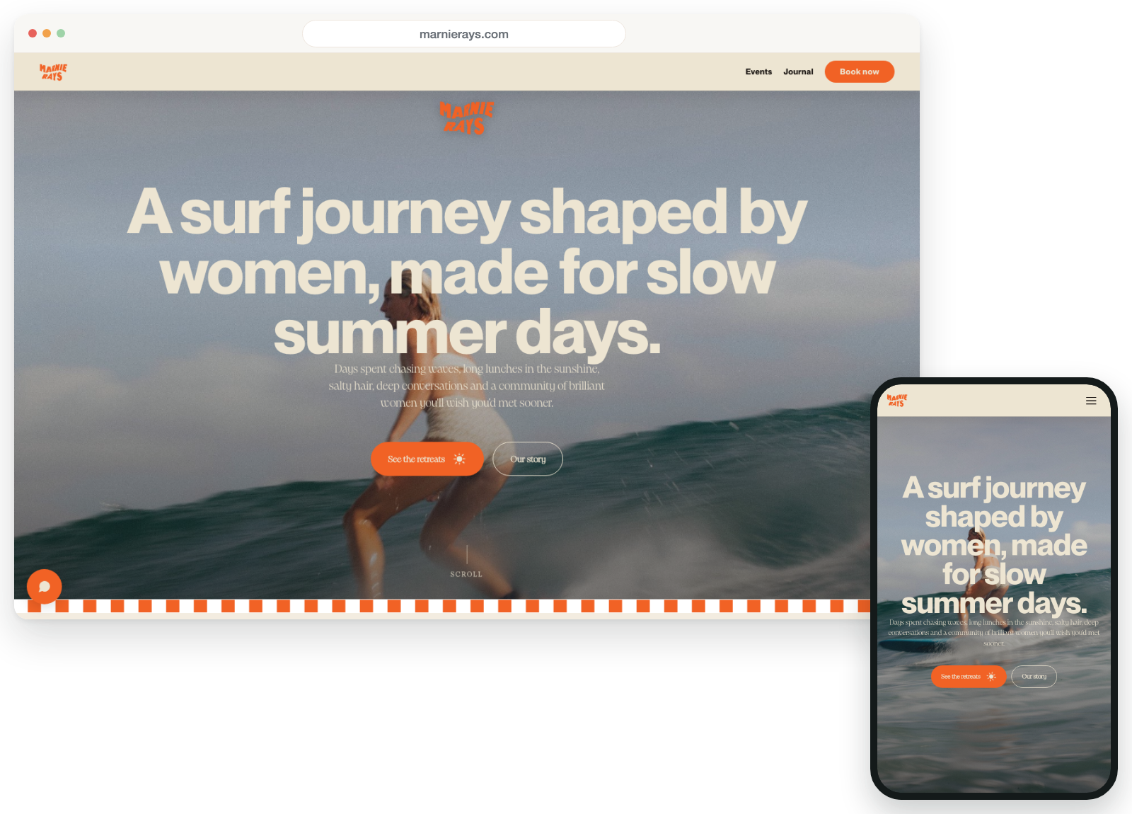 Real Gather-built websites: marnierays.com on desktop and Surf & Shanti on mobile