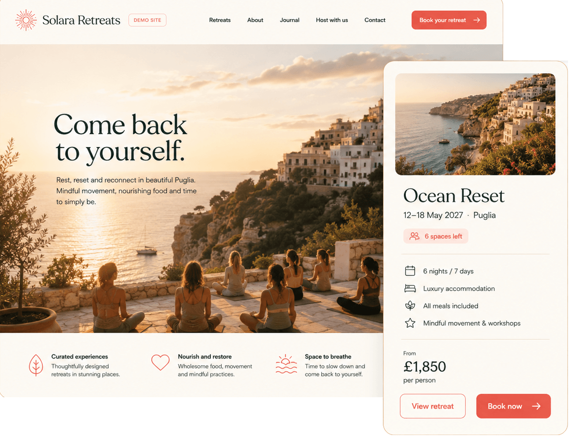Solara Retreats website built with Gather